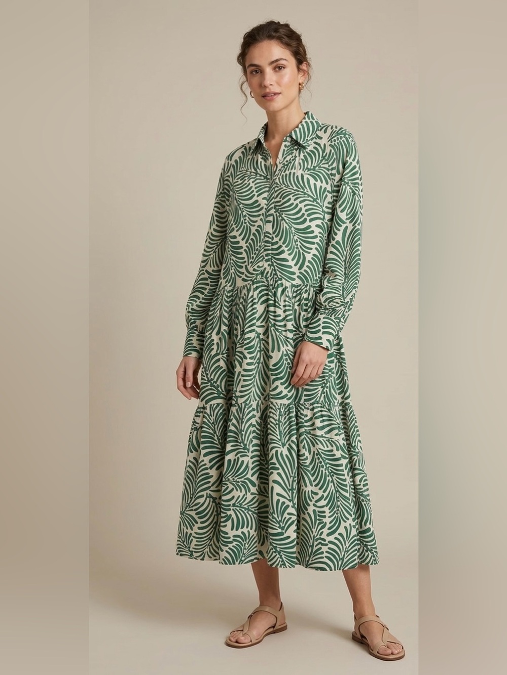 H&M Viscose Midi Shirt Dress in Cream/Green Leaf Botanical Print Size S